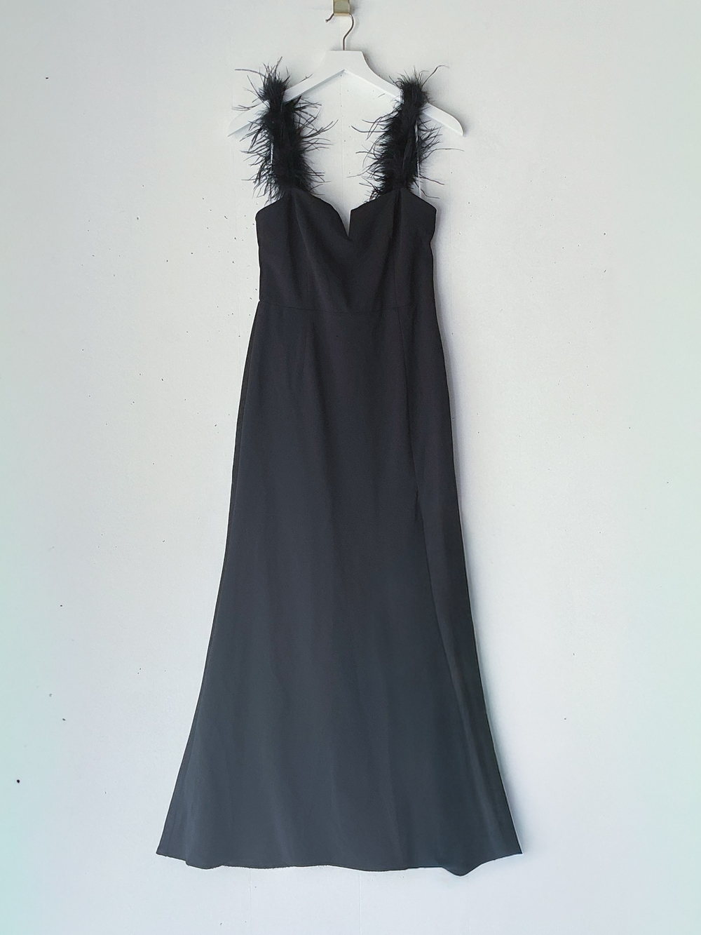 Lulus Black Feather Trim Maxi Dress Formal Evening Gown Sweetheart Size L